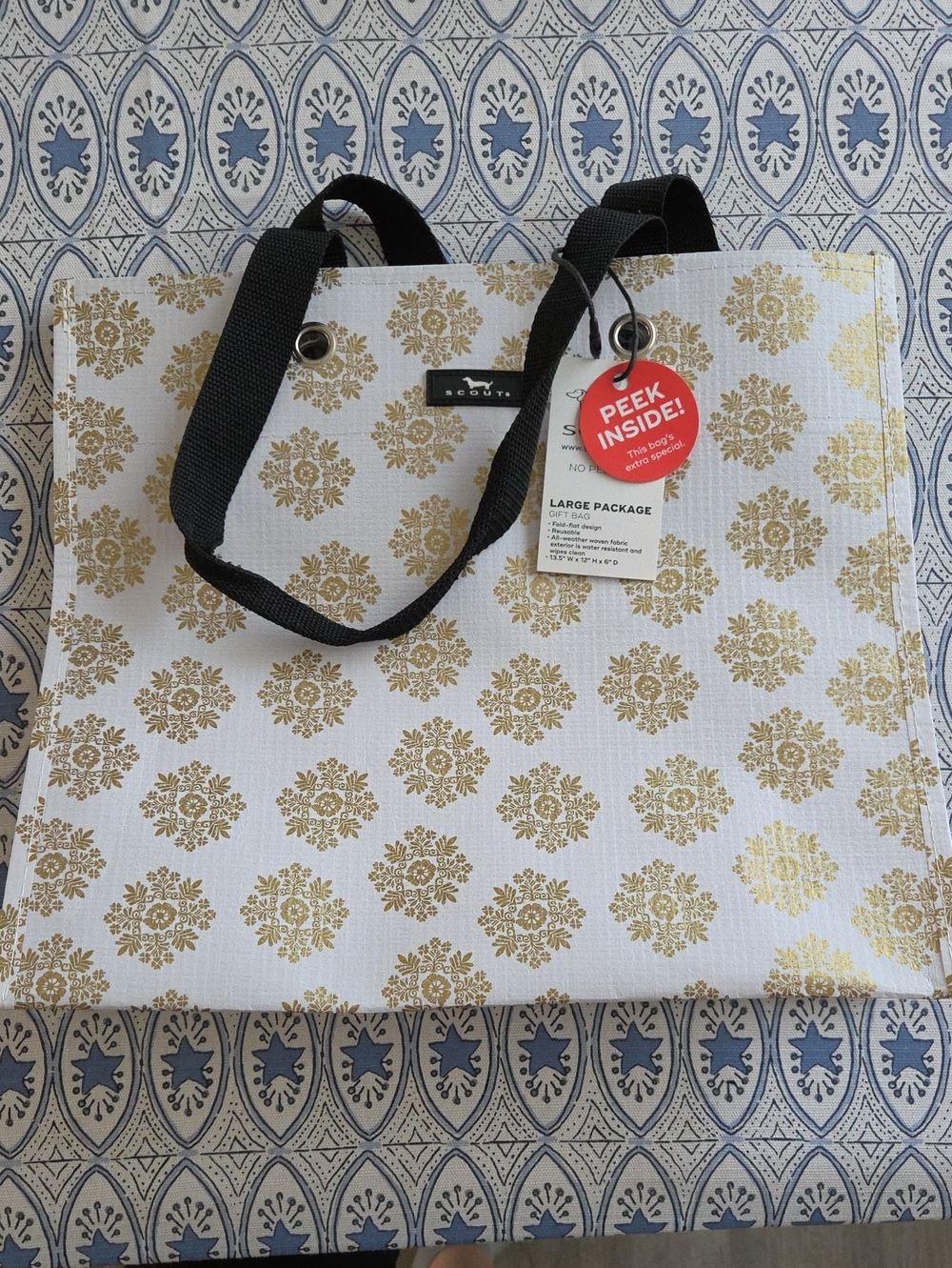 Scout White Tote with Gold Floral Foil and Black Handles